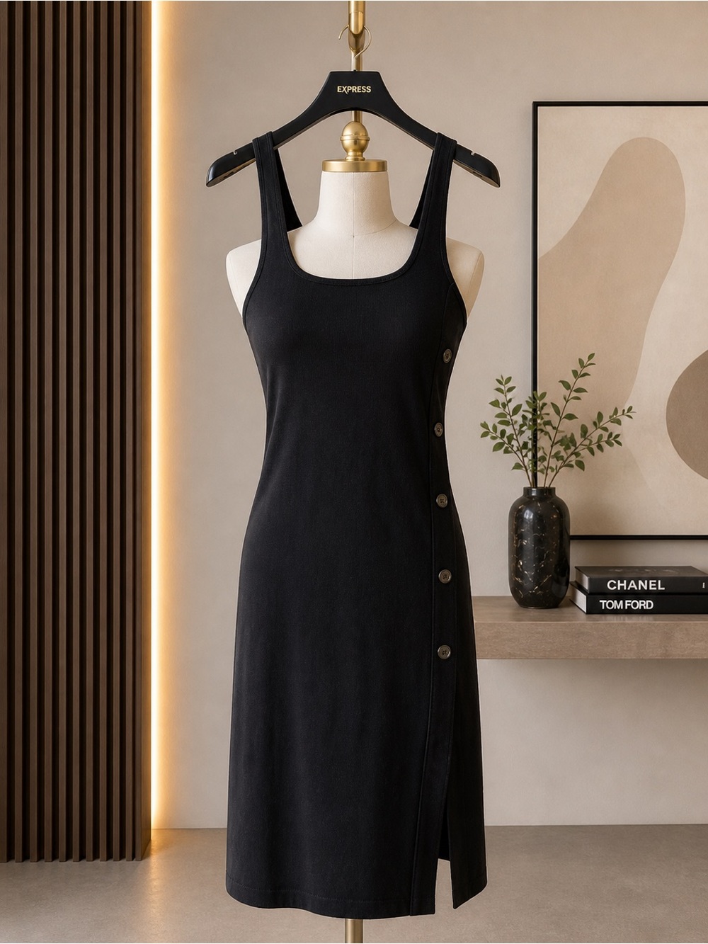 Express Black Side-Button Midi Tank Dress